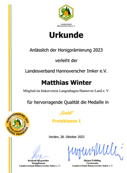 Urkunde der Honigprämierung